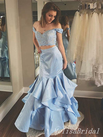 Sexy Elegant Off Shoulder Two Pieces Blue Appliques Sweetheart Evening Gown Long Prom Dresses with Ruffles,MB265