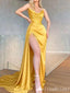 Charming Gorgeous Yellow Strapless High Slit Sheath Evening Gown Long Prom Dresses with Pleats,MB335