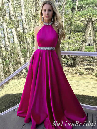 Hot Pink Beaded Halter A-Line Evening Gown Maxi Long Evening Party Prom Dresses ,MB631