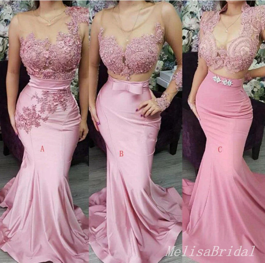 Mismatched Gorgeous Two Pieces Beading Lace Appliques Tulle Floor Mermaid Long Bridesmaid Dresses,BD198