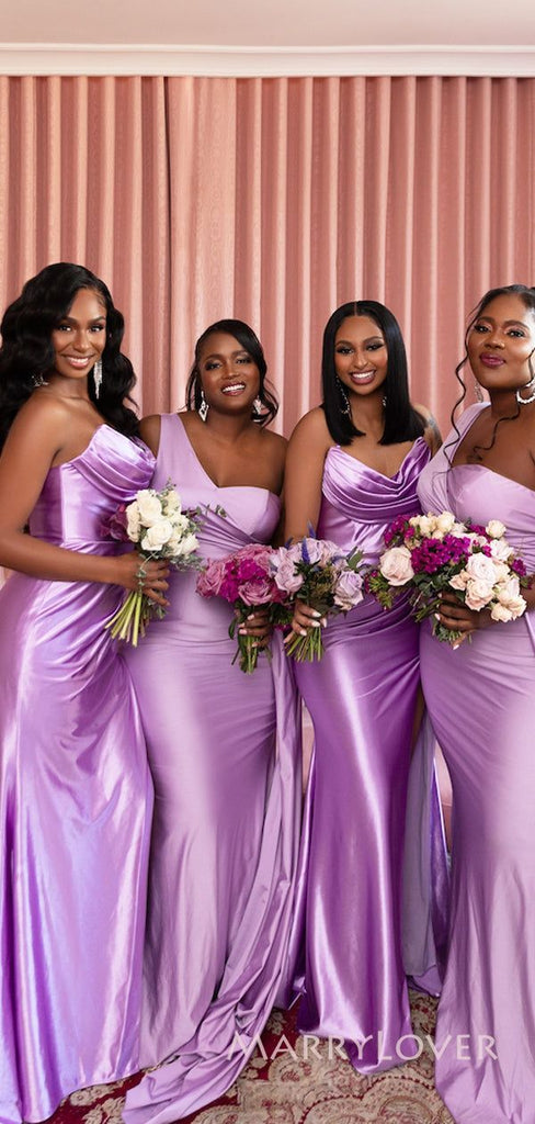 Mismached Purple One Shoulder Simple Cheap Mermaid Long Bridesmaid Dresses ,BD180