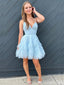 Elegant Light Blue Spaghetti Straps A-Line V-Neck Graduation Party Homecoming Dresses With Ruffles, HD336