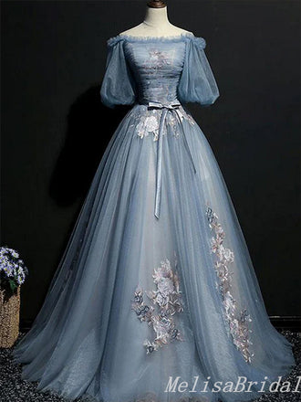 Grey Blue Off Shoulder Flower Embroidery A-line Ball Gown Lace up Back Evening Gown Maxi Long Evening Party Prom Dresses ,MB771