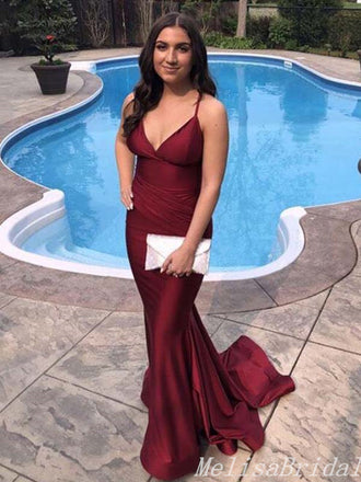 Sexy Burgundy V-Neck Lace Up Back Mermaid Evening Gown Maxi Long Formal Dresses Prom Dresses ,MB459