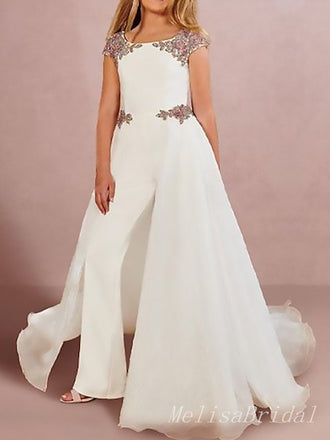 Unique White Satin Beading A- Line Cheap Simple Long Flower Girl Dresses ,FG35