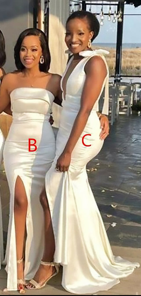 Mismached Elegant White Side Slit Simple Cheap Mermaid Long Bridesmaid Dresses ,BD138