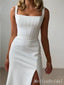 Simple Elegant White Square Neck Long Evening Gown Prom Dresses with Side Slit,MB208