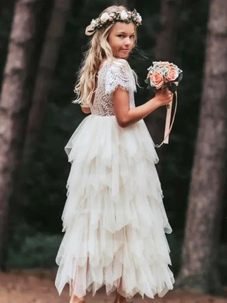 Elegant White Tulle Lace Appliques A-Line Cheap Simple Long Flower Girl Dresses,FG56