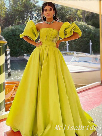 Green Off-the-shoulder A-line Bubble Sleeves Evening Gown Long Evening Party Prom Dresses,MB814