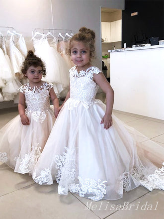 Cute White  A- Line Sleeveless Tulle Lace Appliques Simple Cheap Flower Girl Dresses ,FG21