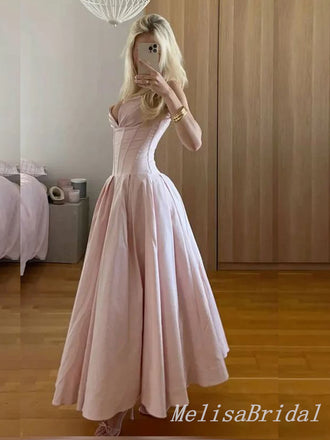 Sexy Light Pink V Neck Strapless A-line Long Prom Dresses to Impress ,MB944