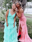 Elegant Green Spaghetti Straps Ruffle Tulle Strapless A-Line Long Evening Prom Dresses,MB95