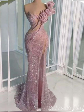Sexy Sparkle One Shoulder Mermaid High Slit Evening Gown Maxi Long Formal Dresses Prom Dresses,MB431