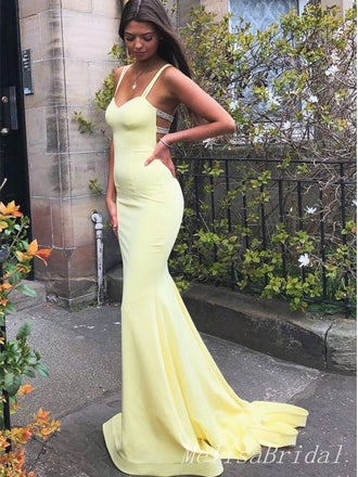 Elegant Yellow Spaghetti Straps Beading Mermaid  Long Evening Prom Dresses,MB115