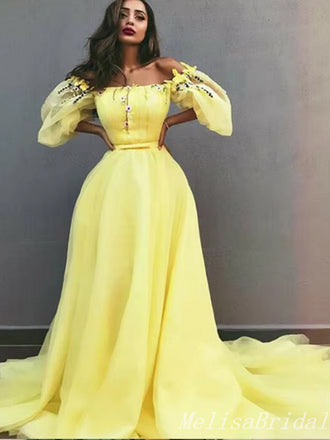 Elegant Off-the-shoulder Yellow A-line Bubble Sleeves Evening Gown Long Formal Dresses Prom Dresses,MB373