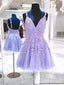 Elegant Purple Spaghetti Straps Appliques Lace V Neck Short Homecoming Dresses,  HD39