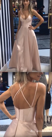 Sexy Elegant Light Pink Lace Up Back Plunging A-Line Evening Gown Maxi Long Formal Dresses Prom Dresses,MB479