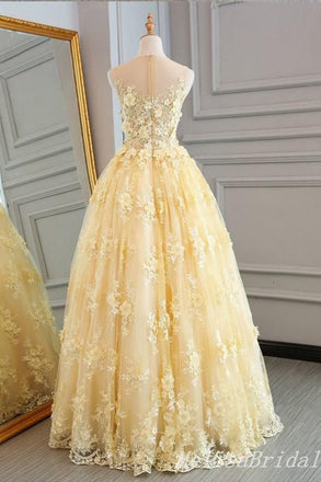 Enchanting Elegant Yellow A-line Lace Floral Appliques Tulle Evening Gown Long Prom Dresses with Pleats,MB336