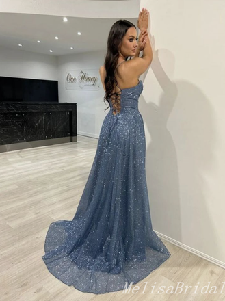 Sexy Sparkly Lace Up Back Spaghetti Straps Sweetheart A-line Evening Gown Long Formal Dresses Prom Dresses with Side Slit ,MB374