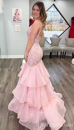Elegant Light Pink Lace Appliques Layer V-Neck Mermaid Evening Gown Maxi Long Formal Dresses Prom Dresses With Ruffles,MB410
