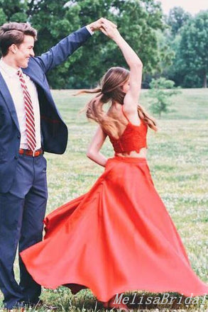 Red Two Pieces Spaghetti Straps A-Line Lace Appliques Evening Gown Maxi Long Formal Dresses Prom Dresses,MB578