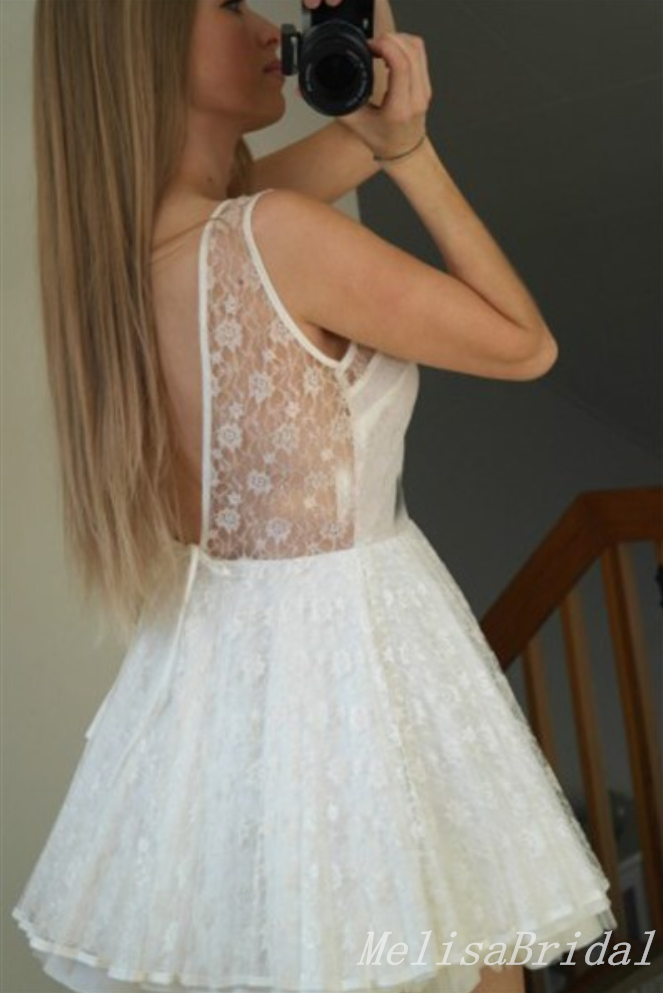 White Illusion Lace A-Line Graduation Party Short Homecoming Dresses, HD439