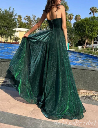 Green Spaghetti Straps Sweetheart Sparkle A-Line Evening Gown Maxi Long Evening Party Prom Dresses ,MB610