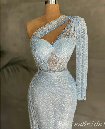 Sparkle Light Blue Mermaid One Shoulder Sweetheart Evening Gown Maxi Long Evening Party Prom Dresses,MB772