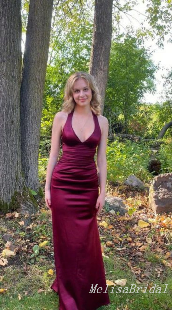 Sexy Burgundy V Neck Mermaid Long Prom Dresses to Impress ,MB945