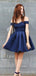 Sexy Dark Blue Off-the-shoulder Plunging A-line Short Homecoming Dresses with Pleats, HD269