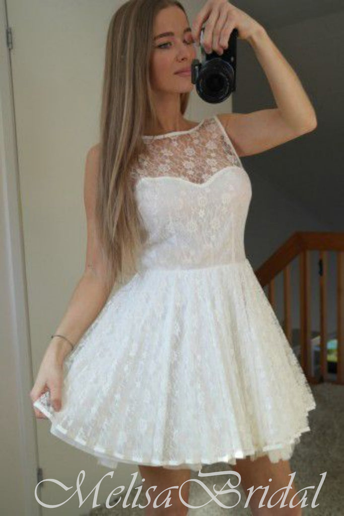 White Illusion Lace A-Line Graduation Party Short Homecoming Dresses, HD439