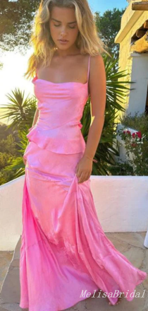 Pink Spaghetti Straps Sheath Evening Gown Maxi Long Formal Dresses Prom Dresses,MB549