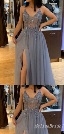 Sexy Elegant Side Slit A-line Appliques Beading Evening Gown Long Prom Dresses  ,MB280