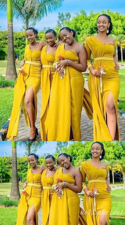 Yellow One Shoulder Mermaid Long Bridesmaid Dresses with Slit,BD233