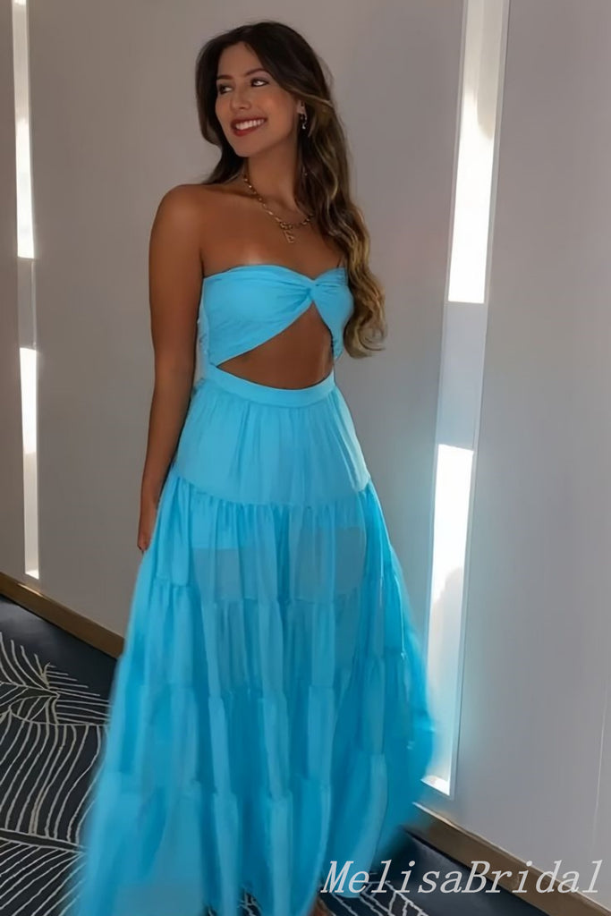 Blue Strapless A-line Prom Dresses to Impress ,MB895