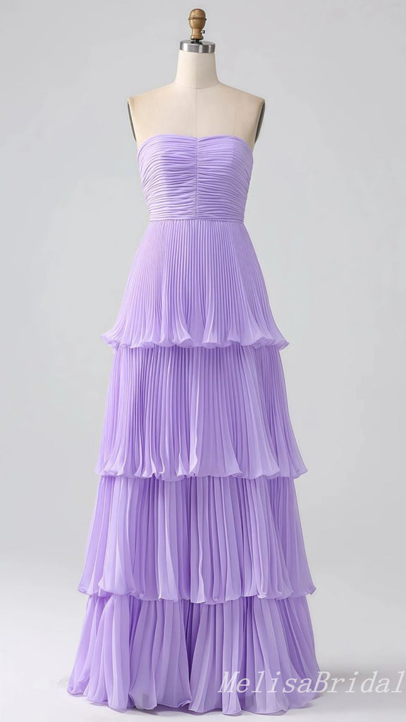 Elegant Strapless Lilac Tiered A-line Long Party Dress Prom Dresses ,MB10933