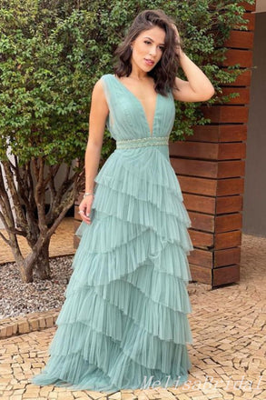 Green Strapless Plunging Tiered Fluffy A-line Prom Dresses to Impress ,MB896