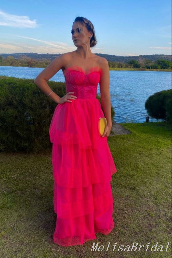 Hot Pink Strapless Tiered Fluffy A-line Prom Dresses to Impress,MB897