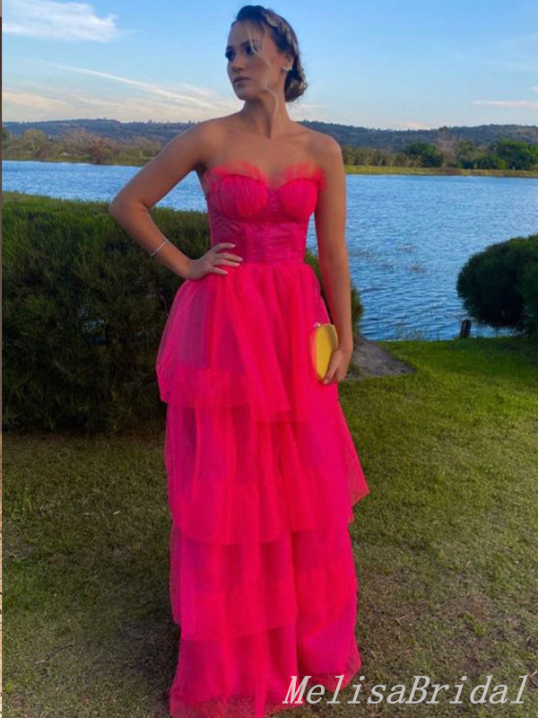 Hot Pink Strapless Tiered Fluffy A-line Prom Dresses to Impress,MB897