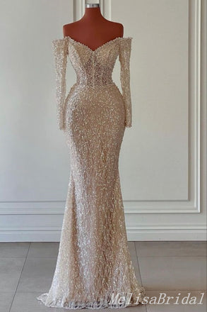 Champagne Long Sleeves V Neck Mermaid Prom Dresses to Impress,MB899