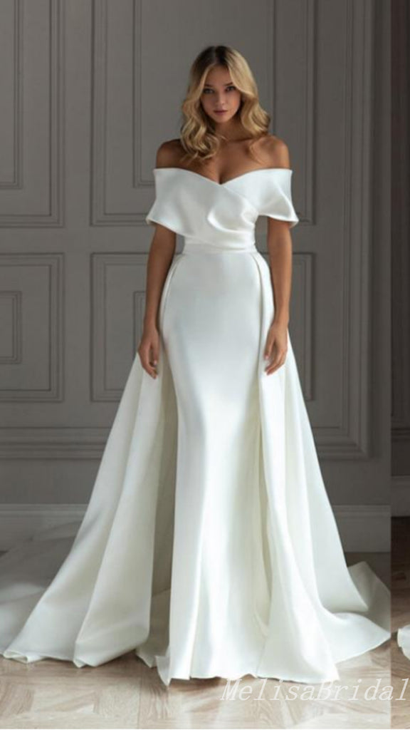 Gorgeous White Sweetheart Off the Shoulder Mermaid Simple Wedding Dresses with Trailing,MB10937