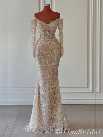 Champagne Long Sleeves V Neck Mermaid Prom Dresses to Impress,MB899