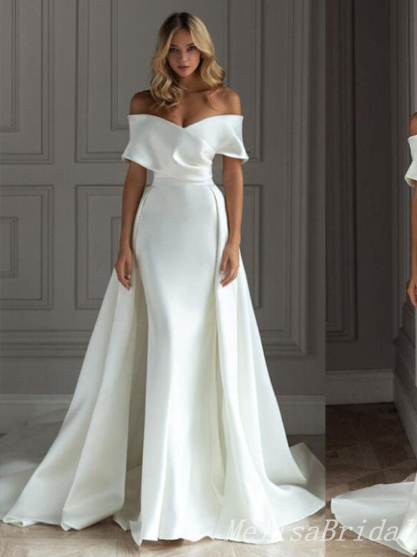 Gorgeous White Sweetheart Off the Shoulder Mermaid Simple Wedding Dresses with Trailing,MB10937