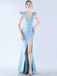 Gorgeous Light Blue V Neck Mermaid Side Slit Long Party Dress Prom Dresses,MB10939