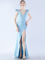 Gorgeous Light Blue V Neck Mermaid Side Slit Long Party Dress Prom Dresses,MB10939