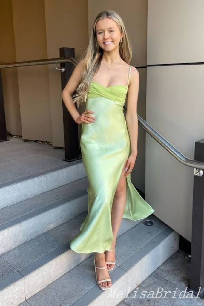 Green Spaghetti Straps Prom Dresses to Impress with Slit,MB900