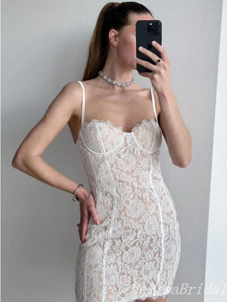 Sexy White Mermaid Lace Appliques Spaghetti Straps Short Homecoming Dresses , HD236