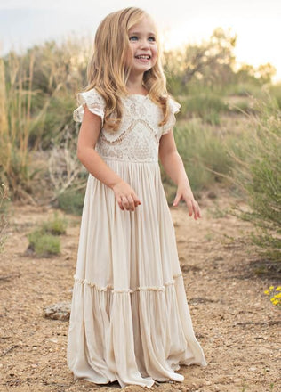Ivory White Chiffon Lace Appliques A- Line Cheap Simple Long Flower Girl Dresses ,FG36