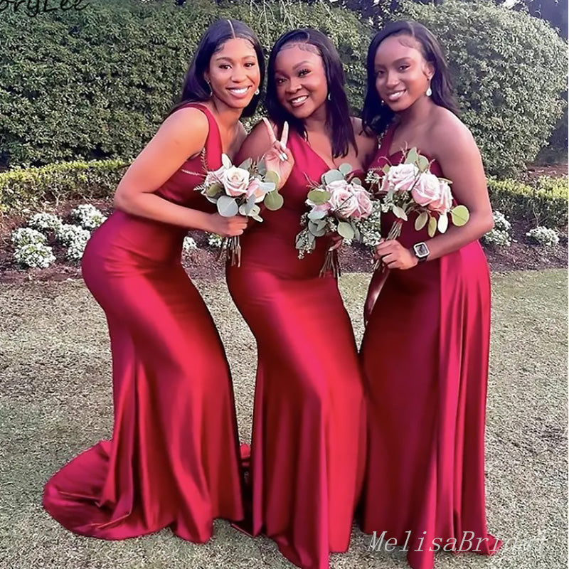 Elegant Red One Shoulder Mermaid Simple Cheap Bridesmaid Dresses ,BD90