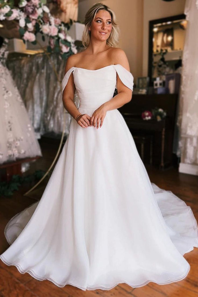 Elegant White Simple Cheap Off Shoulder Strapless A-Line Long Wedding Dresses,WD48